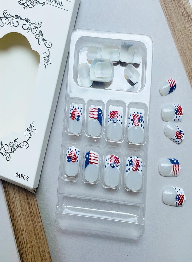 LRKNNO Independence Day French Tip Press on Nails Short Square Fake Nails Heart American Flag White Nails Tips Full Cover Acrylic Nails with Design Glossy 4th of July Glue on Nails for Women Girls 24Pcs - Image 4